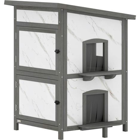 Casa exterior para gatos de madera blanca 60 x 60 x 88 cm, con varias entradas (1/5)