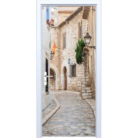 Pegatina de tela para puerta con diseño de calle del casco antiguo 528PD
