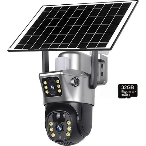 Caméra Solaire WiFi 4K 4MP, Double Objectif, Double écran, CCTV, détection Humaine PIR, Vision Nocturne, Surveillance à Batterie(WiFi Cam 32GB Card) (1/5)