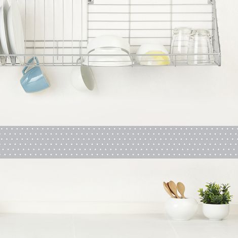 Frise adhésive autocollante 15 cm X 300 cm, motif pois blanc sur fond gris, décorative pour murs et meubles. (1/2)