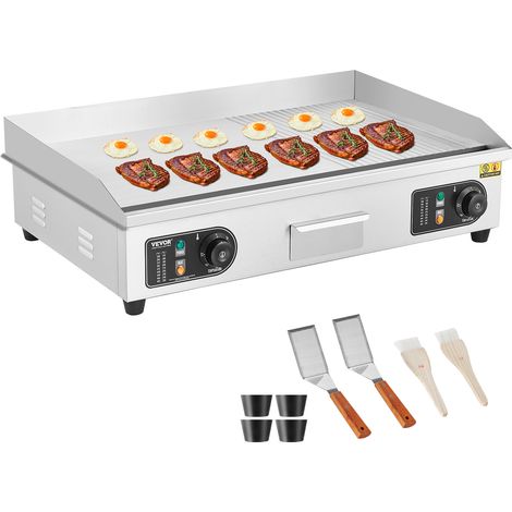 Gewerblicher Elektrogrill 4400 W, 50 °C bis 300 °C, Edelstahl, 73 x 40 x 1 cm, 2 Schaufeln, halbflache Grillplatte, 76 cm Durchmesser (1/5)