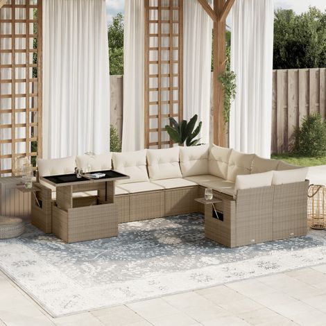 vidaXL Muebles de exterior - Juego de sofás jardín con cojines beige 10 pzas ratán sintético (1/5)