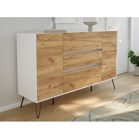 Sideboard Kommode Lovo 155cm Greifraum 3 SoftClose 2 Türen Weiß/Eiche Front (1/5)