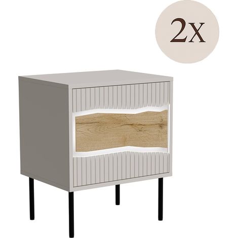 Set di 2 comodini Ussana, Comò basso con anta battente e vano interno, Finitura effetto liscio, 50x40 h62 cm, Beige e Rovere Nodi