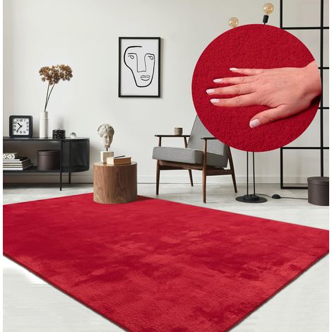 Tapis Moderne Moelleux à Poils Courts, antidérapant, Lavable Jusqu’à 30°C, Super Doux, Aspect Fourrure, pour Salon et Chambre, décoratif, Rouge, 80 x 150 cm (1/5)