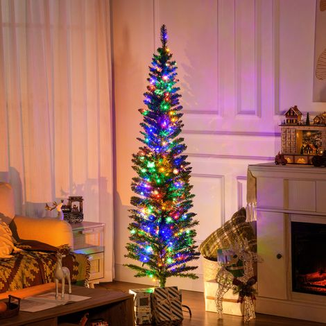 Sapin de Noël artificiel lumineux en forme de crayon 180 cm 150 lumières multicolores 390 branches base en acier vert