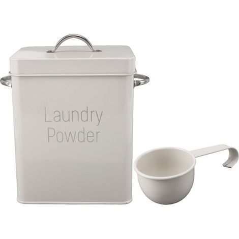Conteneur à lessive en métal avec double poignée latérale et couvercle cuillère, style campagnard, pour lessive en poudre, riz, croquettes pour chien, lait et blanc. (1/5)