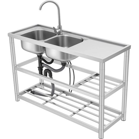 Évier de cuisine commercial, double cuve, en acier inoxydable durable, argent (1/2)