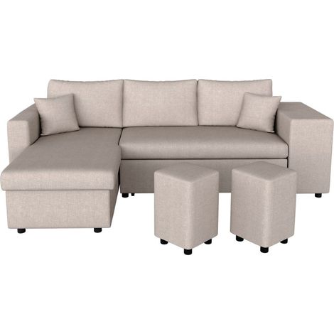 Loungitude – Canapé d'angle réversible 3 places avec coffre de rangement – Tissu beige – Dimensions 241x81x148 cm – Convertible en lit (1/7)