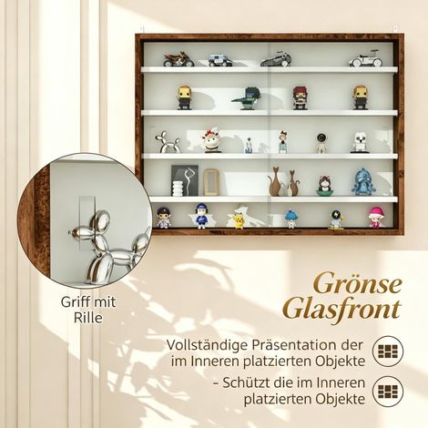 Vitrine murale décorative pour collection, 5 étagères réglables et 2 portes coulissantes, rangement pratique, coloris blanc (1/5)