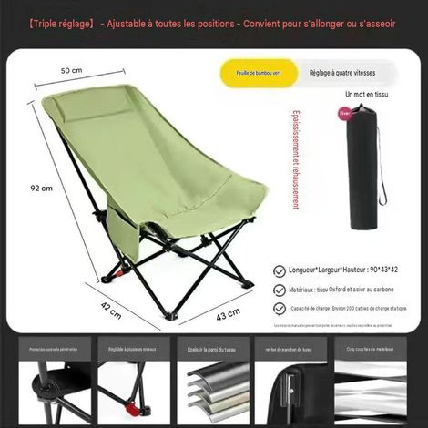 Chaise Lune Pliante Réglable 3 Positions avec Dossier Haut – Fauteuil Portable de Camping, Pêche, Jardin et Plage, Toile Droite 1 Pièce, Vert Bambou (1/5)