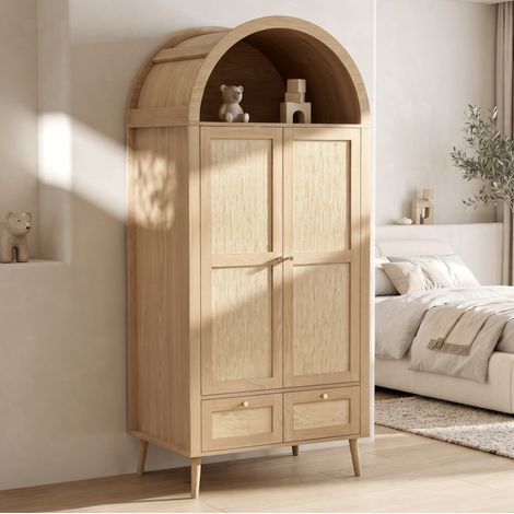 Armoire 2 portes avec 2 tiroirs, penderie et niche ouverte, 80 x 55 x 180 cm, chêne et beige HAVRYA (1/5)