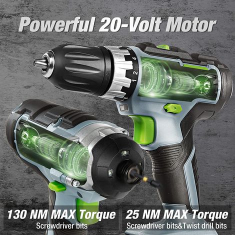 Workpro – Perceuse-visseuse sans fil 20V – 2 batteries 2.0Ah – Mandrin auto-bloquant 10mm – Visseuse à choc 130Nm pour bois et métal — vue 2