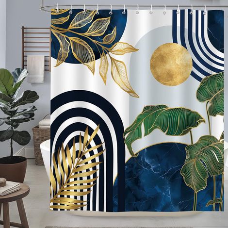 Boho Milieu de Siècle Rideau de Douche 180x180 cm Abstrait Bleu Or Feuilles Rideaux de Baignoire Tissu Polyester Imperméable pour Salle de Bain Lavable en Machine avec 12 Crochets (1/5)