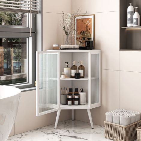Mobile angolare a due livelli da 80 cm con ante e ripiani in vetro temperato, ideale per bagno, soggiorno e camera da letto, colore bianco (Codice articolo: W2552P235180) (1/5)