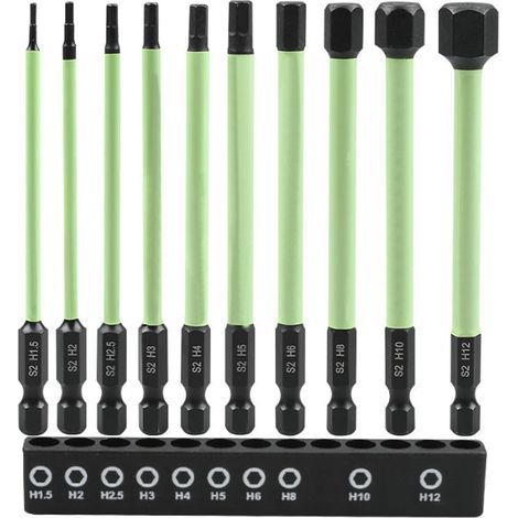 Lot de 10 embouts de tournevis hexagonaux longs 100 mm 1/4" S2 pour visseuse sans fil H1,5/2/2,5/3/4/5/6/7/8/10/12 (1/5)