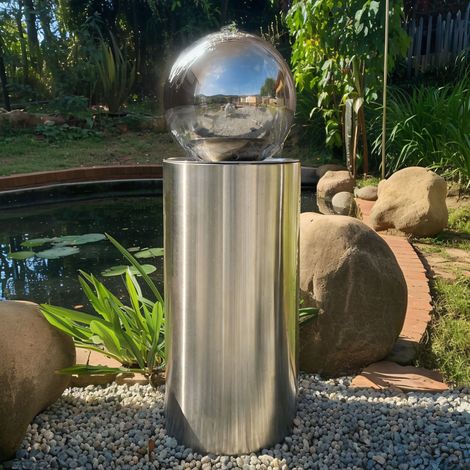 Köhko® Kugelbrunnen Ø25cm mit integrierte LED-Beleuchtung auf zylindrischen Edelstahl Eimer H60cm hochglanzpoliert Gartenbrunnen aus Edelstahl (1/4)