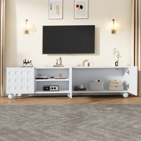 Meuble TV 2004044cm blanc 3 portes motif imprimé,5 pieds de support adapté pour téléviseur jusqu’à 80 pouces. (1/5)