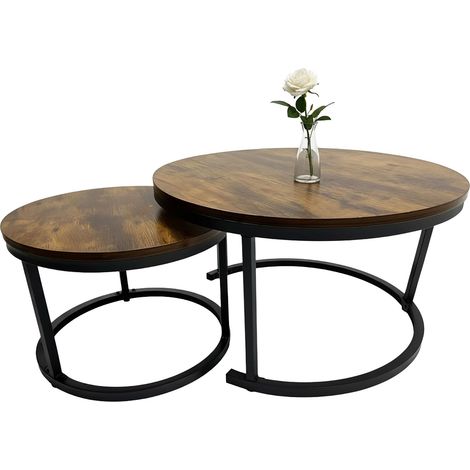 Relaxdays set 2 tavolini, design industriale, 50 e 70 cm, effetto legno e metallo, marrone/nero