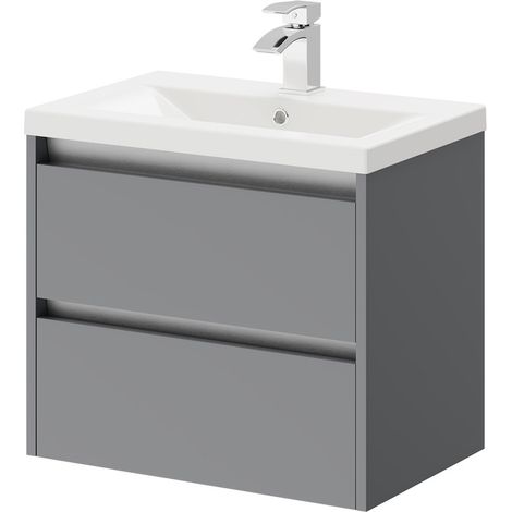 City Gloss Grey 600mm Wall Mounted 2 Drawer Vanity Unit and Basin with 1 Tap Hole (1/5)