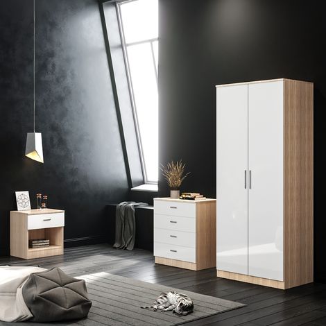 ELEGANT White/Oak Modern High Gloss Wardrobe and Cabinet Furniture Set Bedroom 2 Doors Wardrobe and 4 Drawer Chest and Bedside Cabinet (1/7)
