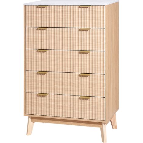 Mophorn Cassettiera a 5 Cassetti Scanalati, Mobile in Legno con Guide Scorrevoli e Sistema Antiribaltamento, Design Moderno e Minimalista, Organizzatore per Camera da Letto, Finitura in Legno Chiaro