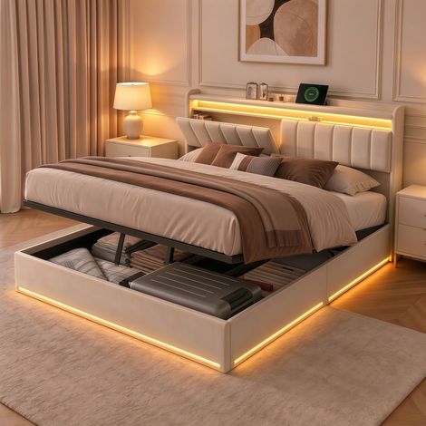 Lit coffre 160x200,lit 160x200 avec sommier à lattes,LED,USB,tête de lit de rangement,lit double capitonné,lit 2 personnes,tissu en velours,Beige