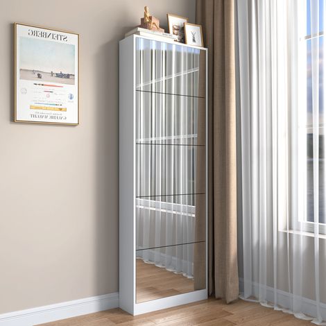 Zapatero de MDF blanco con espejo de cuerpo entero, ahorro de espacio, altura 185 cm (1/5)