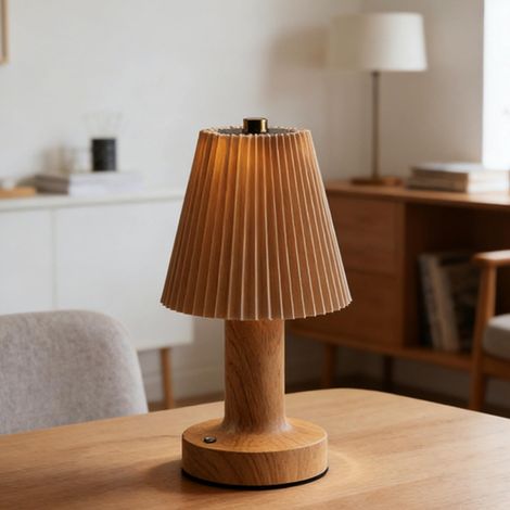 Petite lampe de table sans fil de champignons Contrôle tactile 3 couleurs Lampe rechargeable plissée de base métallique d'éblouissement sans pas pour table de nuit-T-shaped Wood Color (1/4)