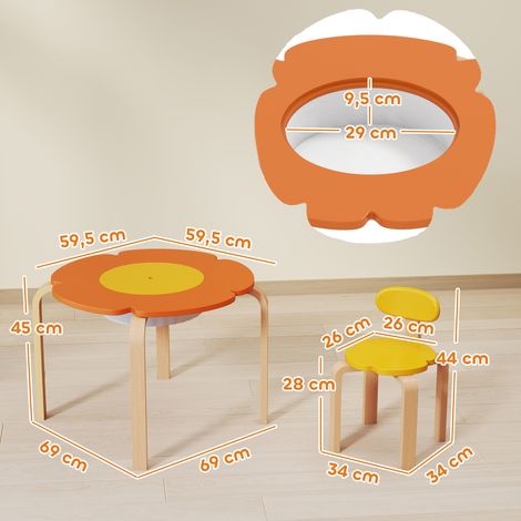 Ensemble table et chaises pour enfants (5 pièces), avec sac de rangement, motif floral, idéal pour la salle de jeux ou la chambre d'enfant, en bois coloré. (1/5)