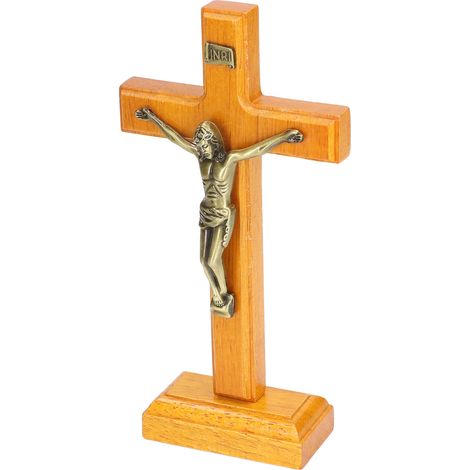 Croix en bois faite à la main, croix catholique de Jésus sur pied, croix murale, objet de décoration religieuse pour la prière, avec socle. (1/5)