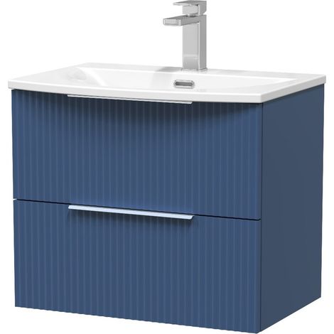 Hudson Reed Fluted Satin Blue 600mm Wall Hung 2 Drawer Vanity Unit and Curved Ceramic Basin - DFF393G (1/2)