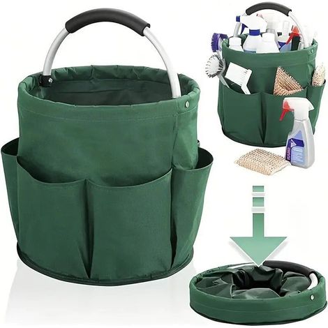 Faltbare Werkzeugtasche für Reinigungsgeräte, Aufbewahrungstasche mit Griff und 6 Fächern, multifunktionaler Aufbewahrungskorb, Gartengerätetasche, 600D Oxford-Gewebe, grün (1/5)