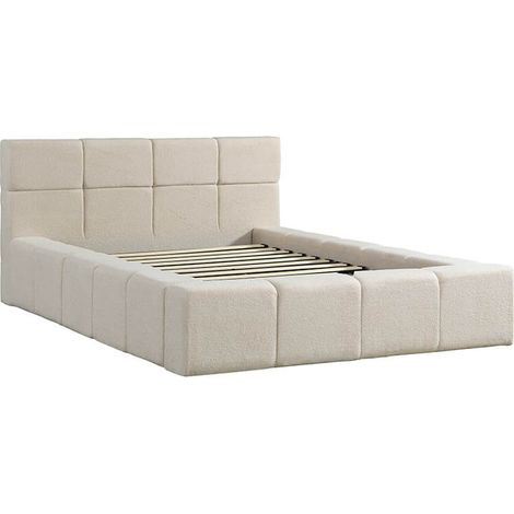 HOME DELUXE  LED Bett aus Teddy-Stoff inkl. Stauraum– Beige, 140 x 200 cm   LED Bett, Bettgestell, Lattenrost  LED Bett, Modisches Bett, Gemütliches Bett, Home Deluxe Bett