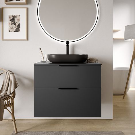 Waschtischunterschrank Bernstein TIM 80 cm für Aufsatzwaschbecken Badmöbel: Schwarz matt, Metallgriff: Schwarz matt, Waschtischplatte: Anthrazit matt