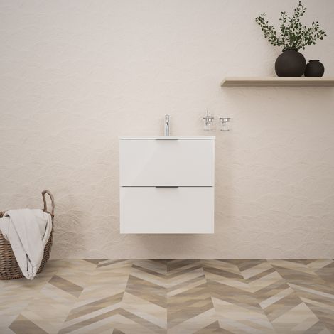 Inda - Badezimmerschrank B.60 mit glänzendem Waschbecken / Hochglanzweiß 2 Schubladen - Topazio