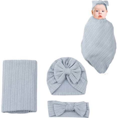 3-teiliges Babyset: Decke und Stirnband, aus Baumwolle und Polyester mit Weizenstruktur, einfarbig, elastisch, blau. (1/5)