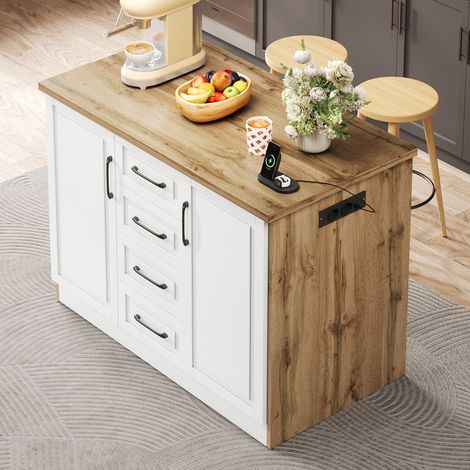 Îlot de cuisine avec 4 tiroirs, prises USB, étagères réglables, 120 x 60 x 90 cm, blanc naturel (1/5)