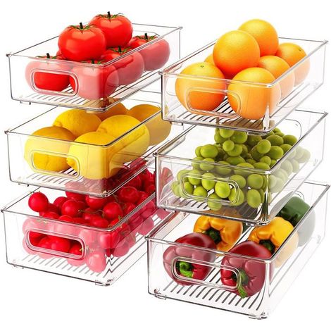 6 Boîtes de Rangement Frigo Transparent, Empilables, 3 Tailles (26x16x8 cm), Organisateur Cuisine & Réfrigérateur (1/5)