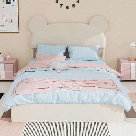Lit double, rembourré, avec matelas, beige, 140 x 200 cm, pour maison et usage quotidien, rangement, tête de lit cartoon