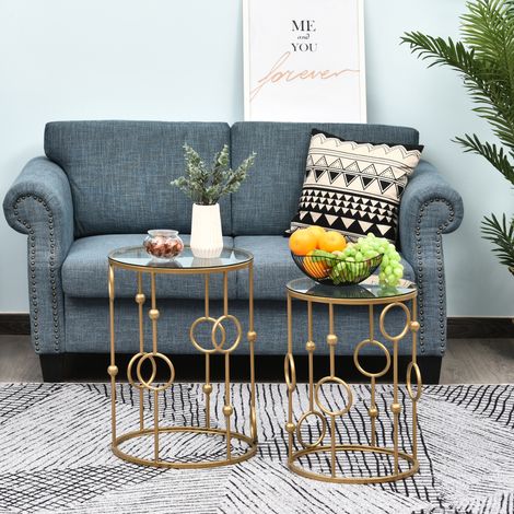 2er-Set Couchtisch, Beistelltisch mit Glasplatte, Wohnzimmertisch mit Reifen- und Kugeldesign Ø41 x 57 cm, Gold (1/5)