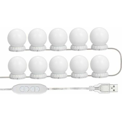 Kit d'éclairage LED pour miroir de coiffeuse, avec 10 ampoules réglables, 10 niveaux de luminosité et 3 modes d'éclairage, alimentation USB, blanc. (1/4)
