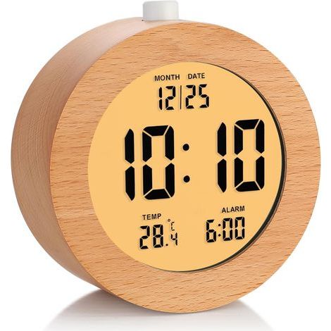 Runder, brauner digitaler Wecker aus Holz, 10 cm Durchmesser – LCD-Anzeige für Uhrzeit, Datum und Temperatur – Nachtlicht – Batteriebetrieben – 12-/24-Stunden-Anzeige (1/5)