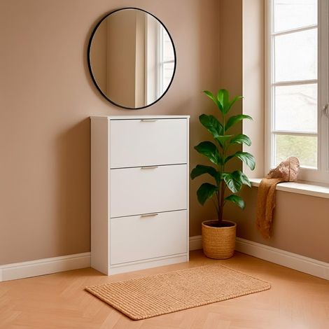 Scarpiera A Ribalta Salvaspazio 3 Ante E 6 Ripiani Mobile Portascarpe Antigraffio Fino A 20 Paia Di Scarpe Design Moderno Minimal Ingresso Corridoio Retro Porta 113 x 60 x 22 Cm Bianco - Colore: Bianc