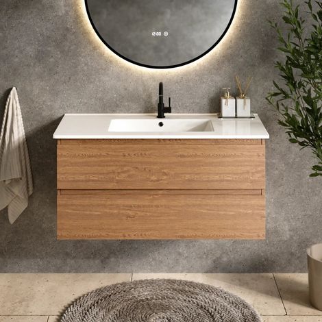 Badezimmermöbel Varo - 100 cm - Warm Eiche - Weißes Waschbecken (1/4)