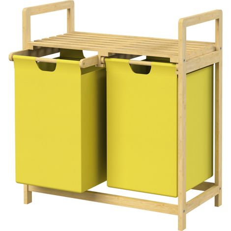 ML-Design Cesto Portabiancheria con Struttura in Bambù e 2 Scomparti 2x30L Mobile Portabiancheria Giallo con Maniglie e Ripiano, Raccoglitore adatto per il Bagno o Sacchi Estraibili, 63 x 33 x 73 cm (1/4)