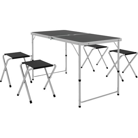 Table de camping pliante style valise avec 4 tabourets pliants, dimensions de la table : 120 x 60 x 55-70 cm dimensions des tabourets : 33 x 28 x 37 cm, noir (1/5)