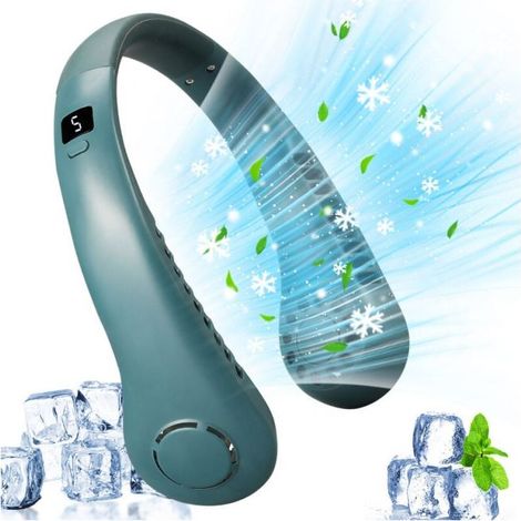 vert Ventilateur sans col à lame portable, affichage numérique à 5 vitesses, grande capacité 3000mAh, petit ventilateur de poche rechargeable par USB