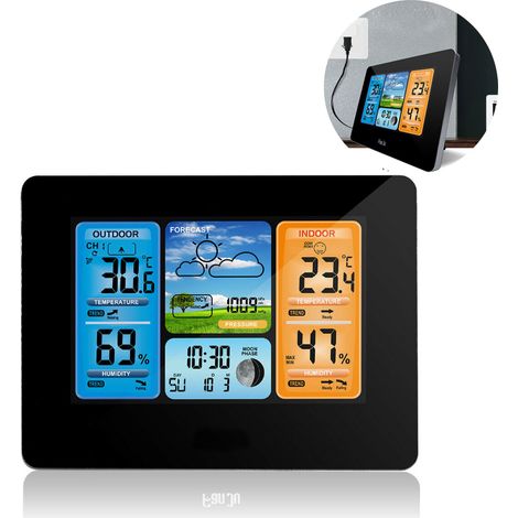 Station météo numérique sans fil réveil Snooze avec capteur extérieur sans fil, prévision météo thermomètre numérique hygromètre baromètre température humidité mètre (1/4)