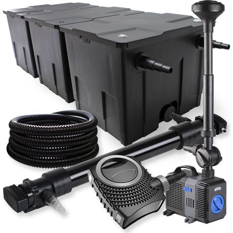 SunSun Kit complet: CBF-350C Filtre de bassin jusqu'à 90000 L, NEO10000 pompe de filtration 10000l/h 80W, CUV-672 lampe uv 72W, 25m Tuyau 25 mm, CTP-5003 fontaine 5000l/h 30W